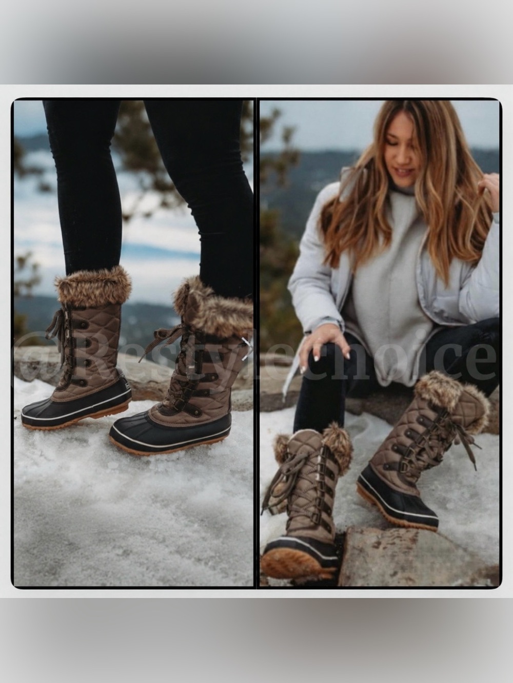 BearPaw Quilted Lace-Up Winter Boots with Faux Fur Trim - Brown